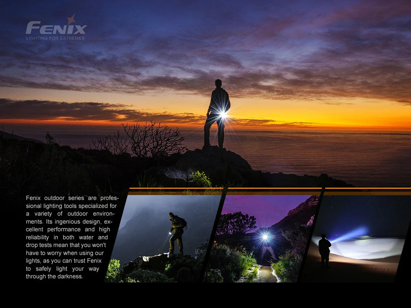 Person mit Taschenlampe auf Felsen bei Sonnenuntergang am Meer, Fenix Outdoor Beleuchtung