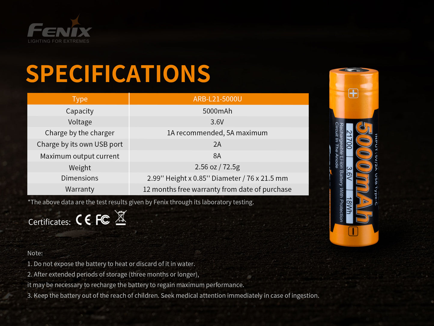 Fenix ARB-L21-5000U – 21700 Li-Ion Akku mit 5000 mAh, inkl. USB C Ladeanschluss