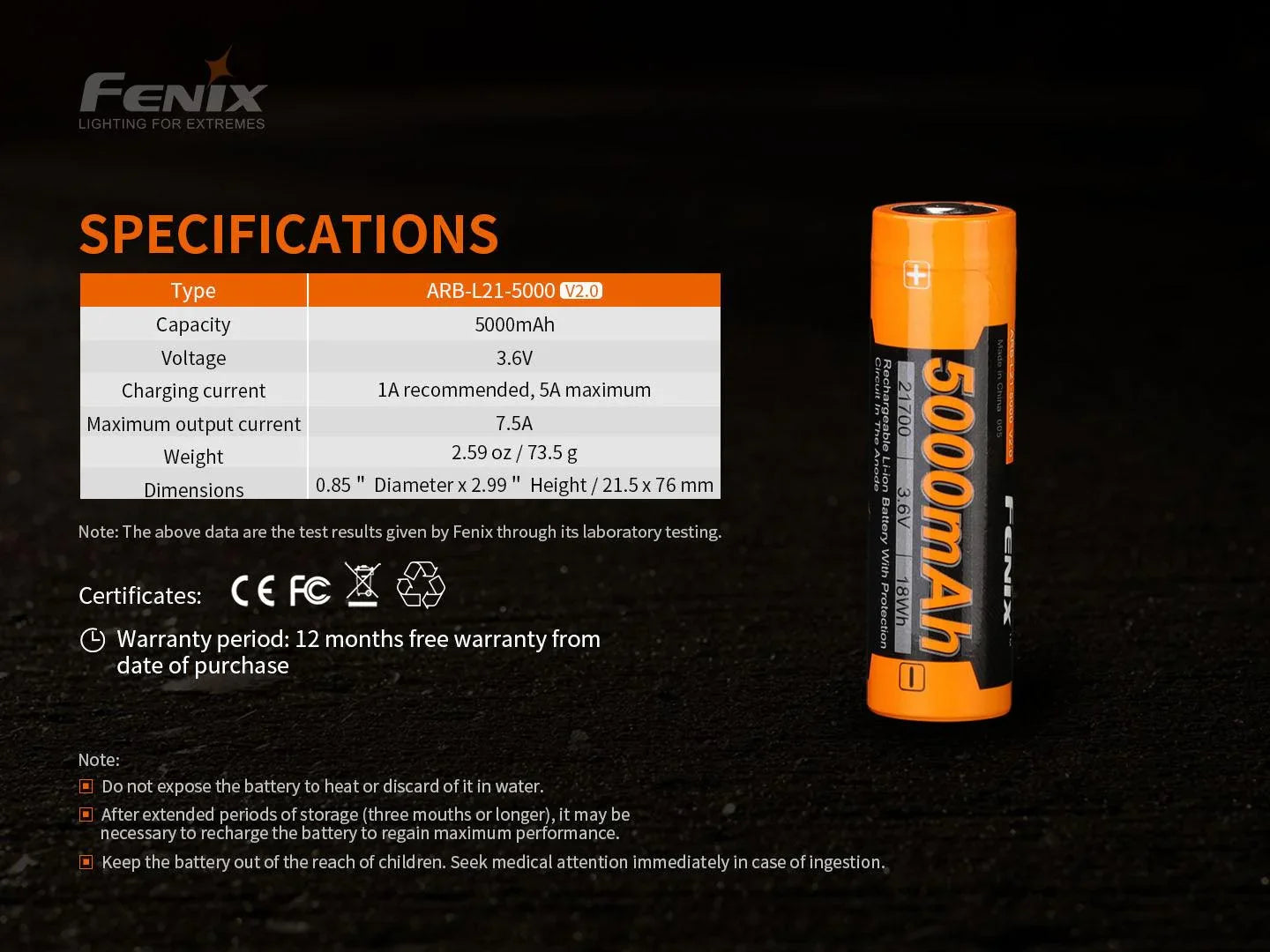 Fenix ARB-L21-5000 V2.0 Akku 5000mAh 3.6V mit Spezifikationen und Sicherheitshinweisen