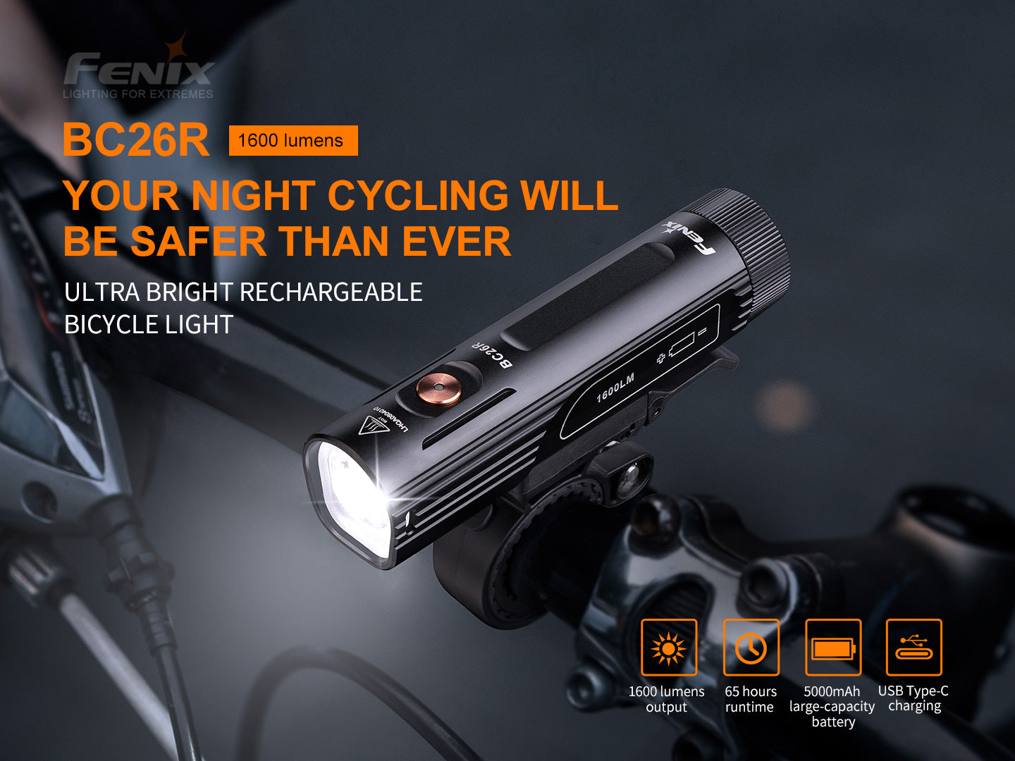 SET - Fenix BC26R ultrastarkes wiederaufladbares Fahrradlicht, 1600 Lumen + Fenix BC05R V2.0 Rücklicht für Pendler & Outdoor-Fans, 15 Lumen