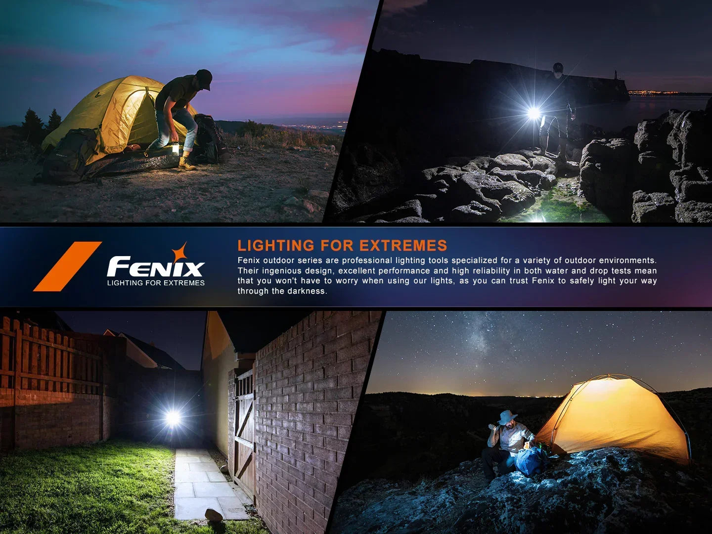 Fenix Outdoor Taschenlampen im Einsatz bei Nacht: Camping, Wandern, Outdoor-Sicherheit mit starkem Licht
