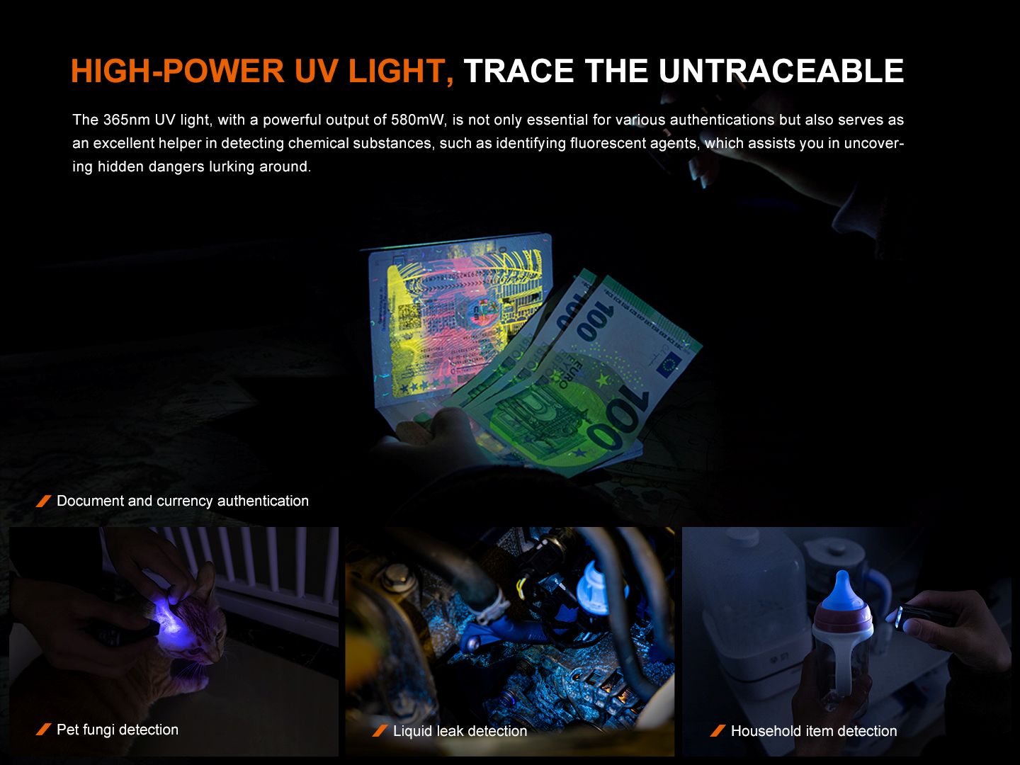 Fenix E06R vereint Weißlicht, UV-Licht und Laserpointer, 700 Lumen