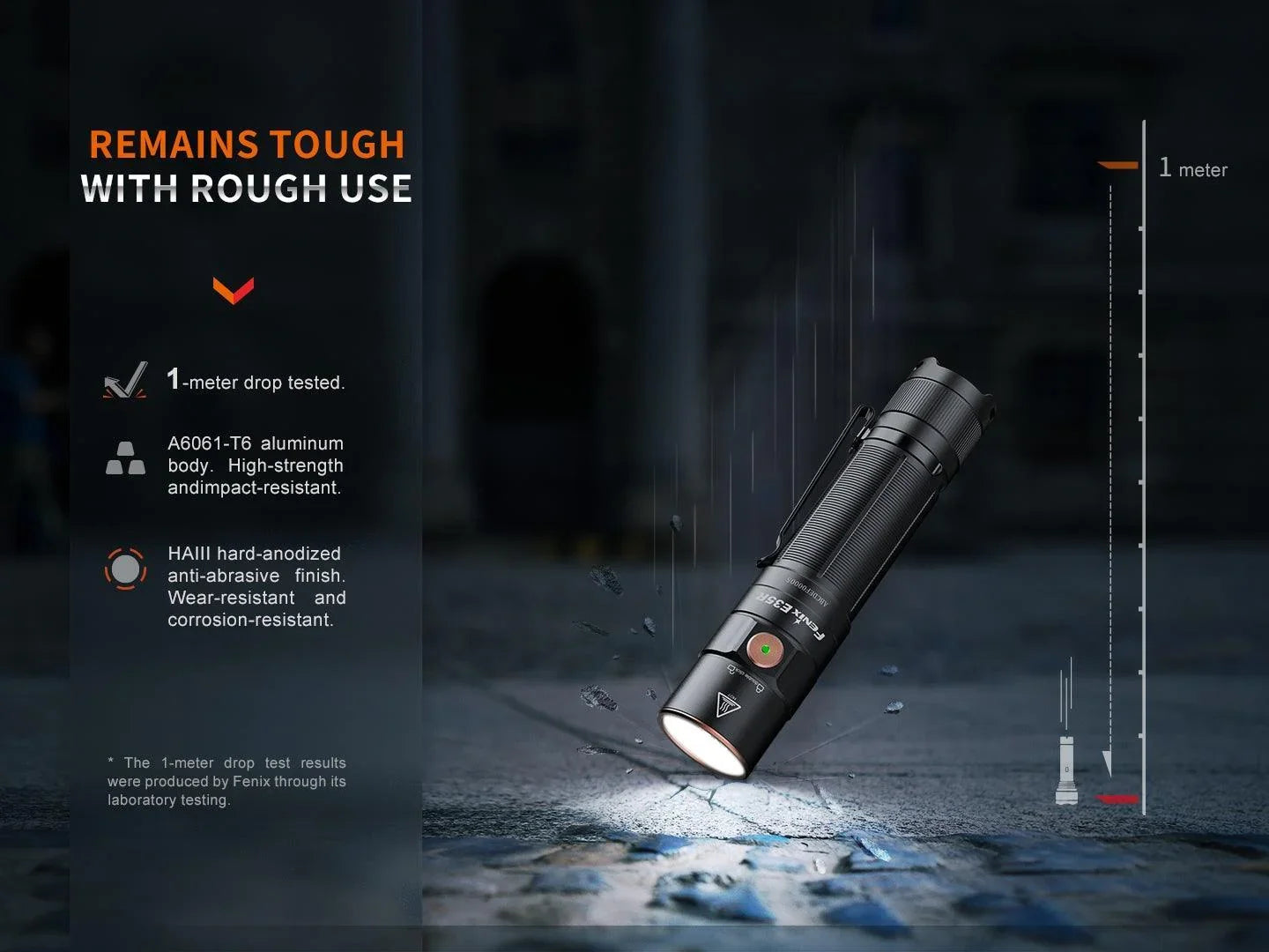 Fenix E35 V3.0 robuste Taschenlampe fällt aus einem Meter auf harten Boden, A6061 Aluminium, stoßfest