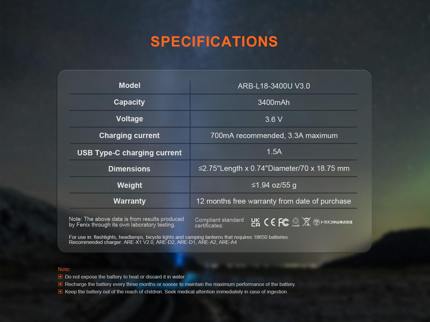 Fenix ARB-L18-3400U V3.0 - USB-Akku 18650 (3400 mAh, Version 3.0) - fenixlight