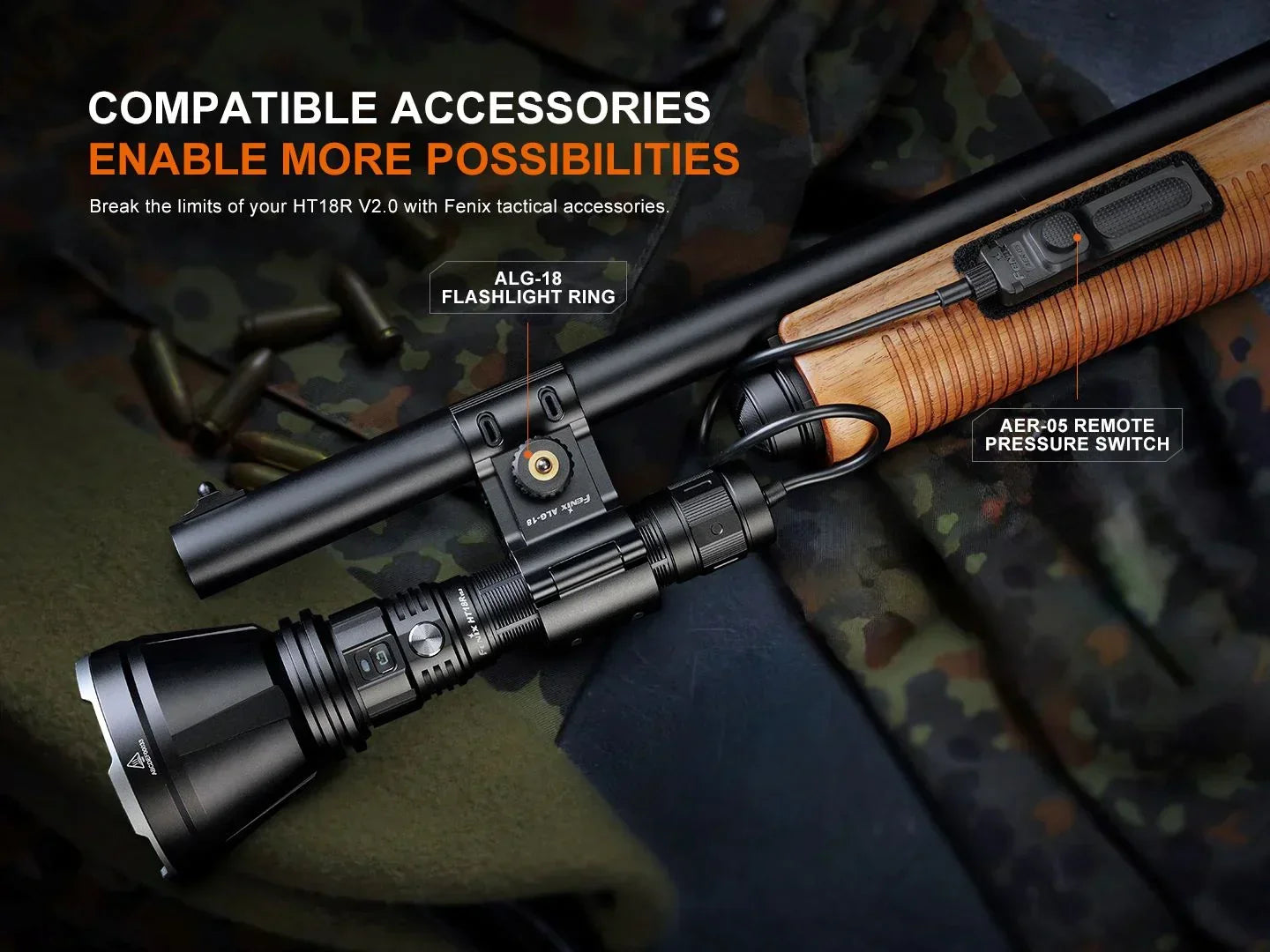 Fenix HT18R V2.0 taktische Taschenlampe mit ALG-18 Licht-Ring und AER-05 Fern-Druckschalter am Gewehr