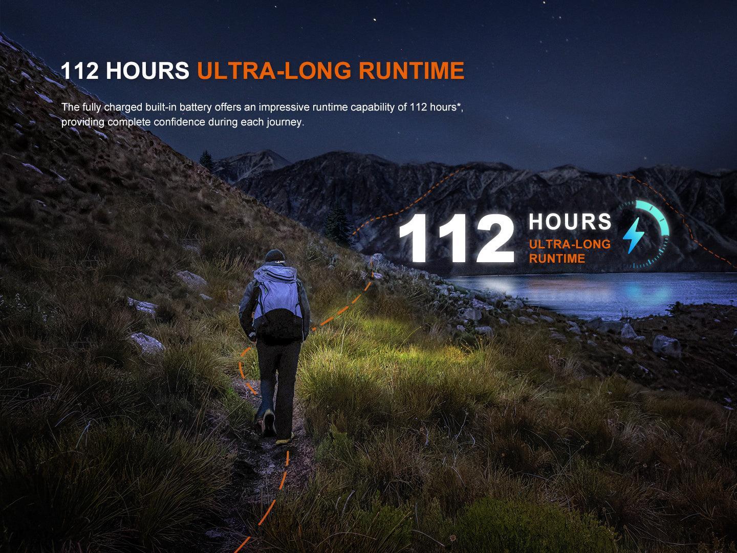 Nachtwanderer mit Taschenlampe, 112 Stunden Laufzeit, Berglandschaft, Ultra-Long Runtime