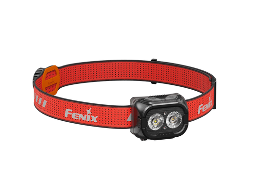 Fenix HL18R-T Stirnlampe mit rotem verstellbarem Kopfband und zwei LEDs vor schwarzem Hintergrund