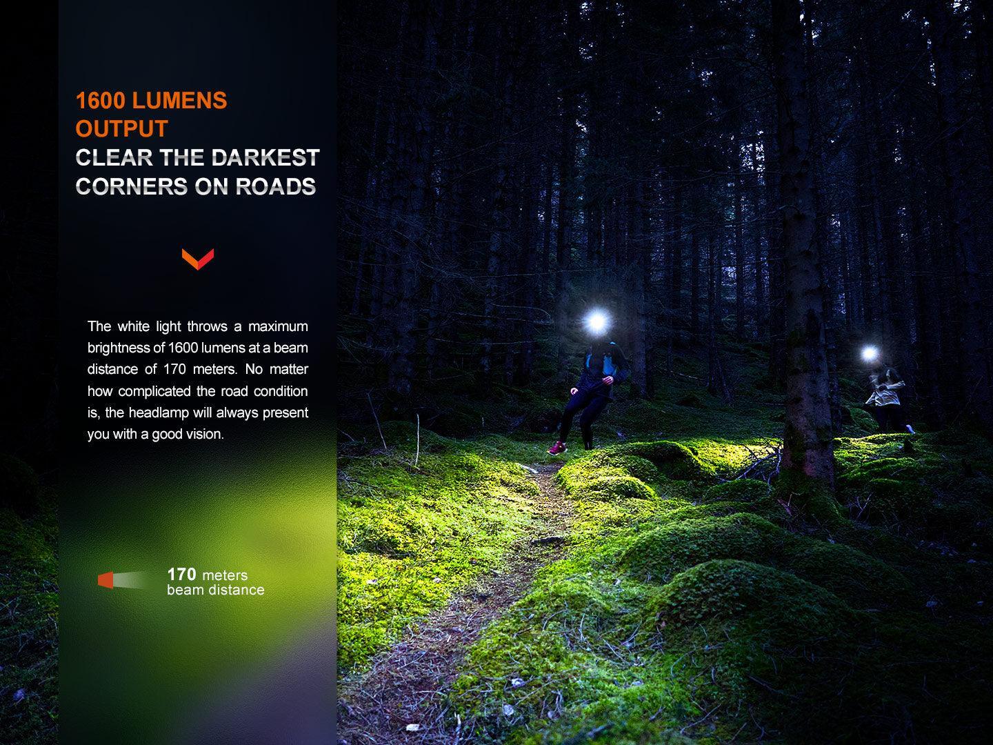 1600 Lumen Stirnlampe beleuchtet Waldpfad bei Nacht, 170m Reichweite für sicheres Wandern