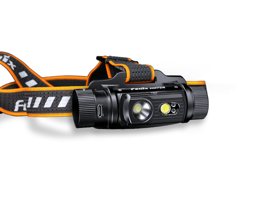 Fenix HM70R Stirnlampe mit orange-schwarzem verstellbarem Kopfband und USB-C Ladeanschluss