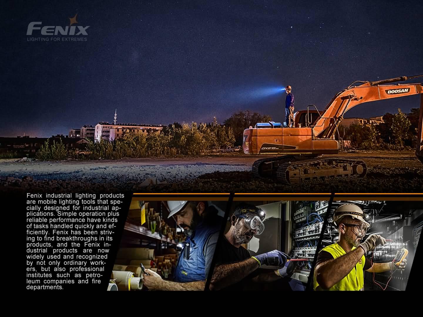 Fenix Industrielle Beleuchtung: Bauarbeiter mit Stirnlampe auf Bagger bei Nacht, Elektriker bei Arbeiten