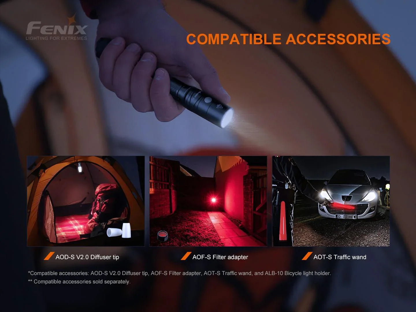 Fenix Taschenlampe mit kompatiblen Outdoor-Accessoires Diffuser, Filteradapter und Signalstab bei Nacht