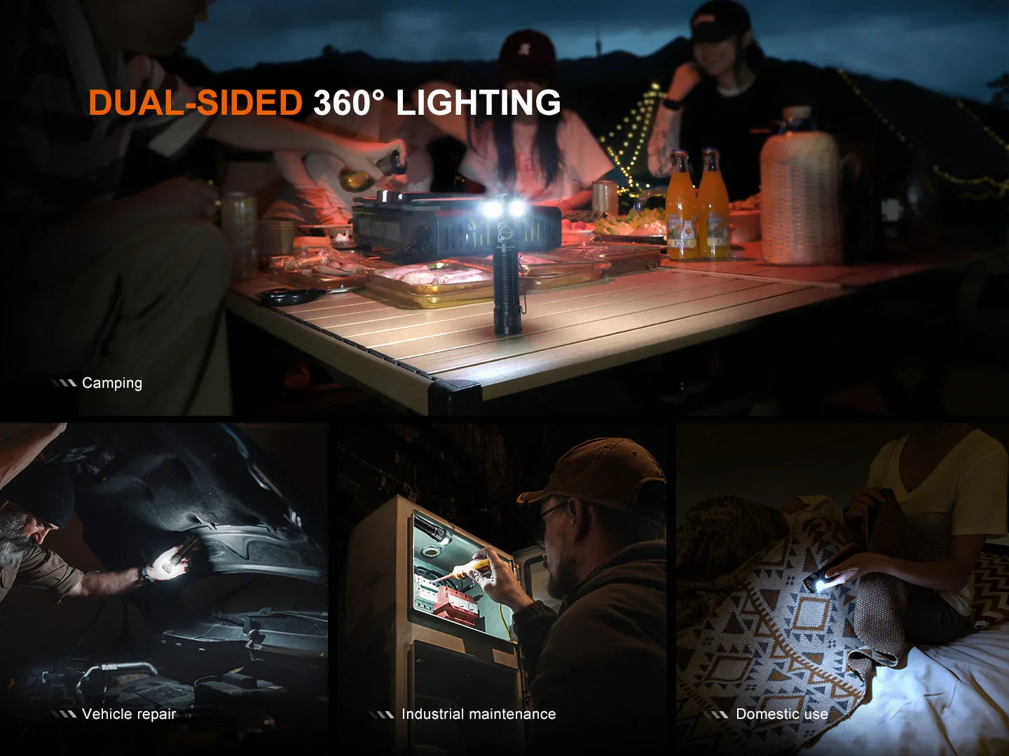 Dual-seitige 360° LED-Taschenlampe im Einsatz beim Camping, Autoreparatur, Industrie und Zuhause