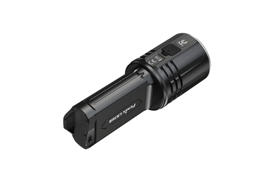 Fenix LR36R kompakte schwarze LED-Taschenlampe mit USB-Ladeanschluss und Bedienknöpfen