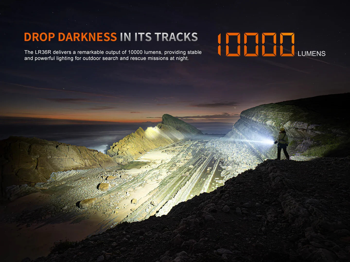 Person mit Stirnlampe beleuchtet felsige Küste nachts mit heller 10000 Lumen Taschenlampe