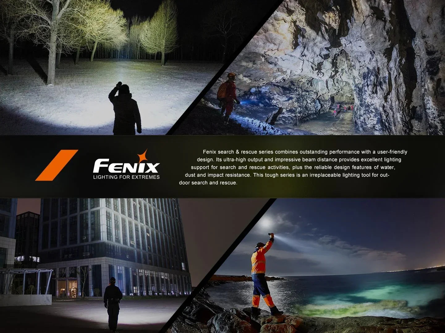 Suchscheinwerfer von Fenix bei Nacht outdoor, Höhlen- und Stadtsuche, Rettungsbeleuchtung