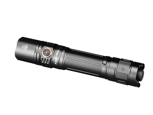 Fenix PD35 V3.0 taktische schwarze Taschenlampe mit silberner Led-Taste und geriffeltem Griff