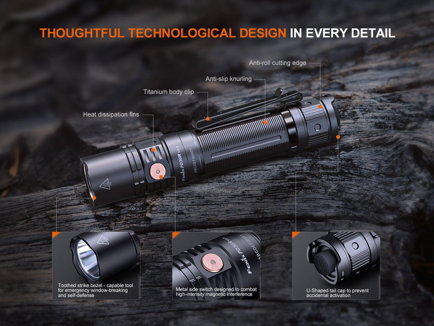 Taktische Fenix PD36R V2.0 Taschenlampe mit Hitzedissipationslamellen, Titan-Clip und Anti-Roll Schutz