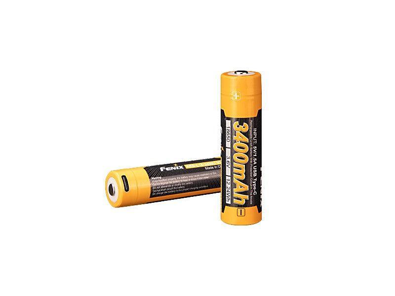 Zwei Fenix 18650 Lithium-Ionen Akkus 3400mAh mit USB Typ-C Ladeanschluss