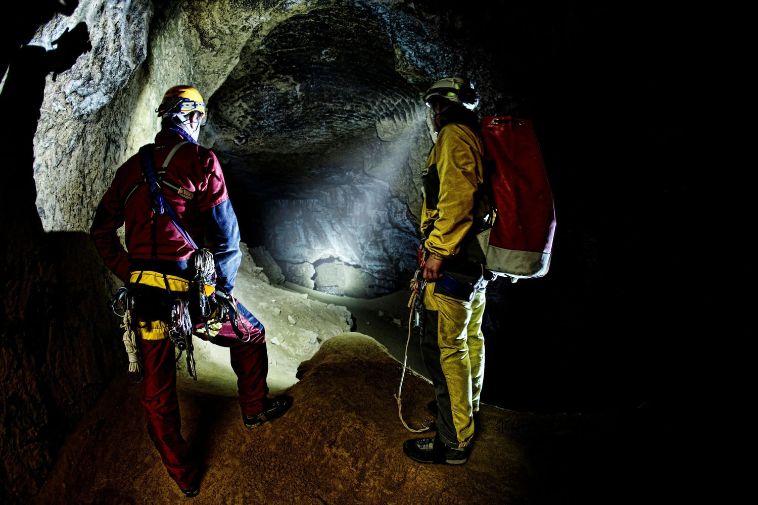 Person mit Stirnlampe und Fenix Taschenlampe beleuchtet Ufer und Bäume bei Nacht am See