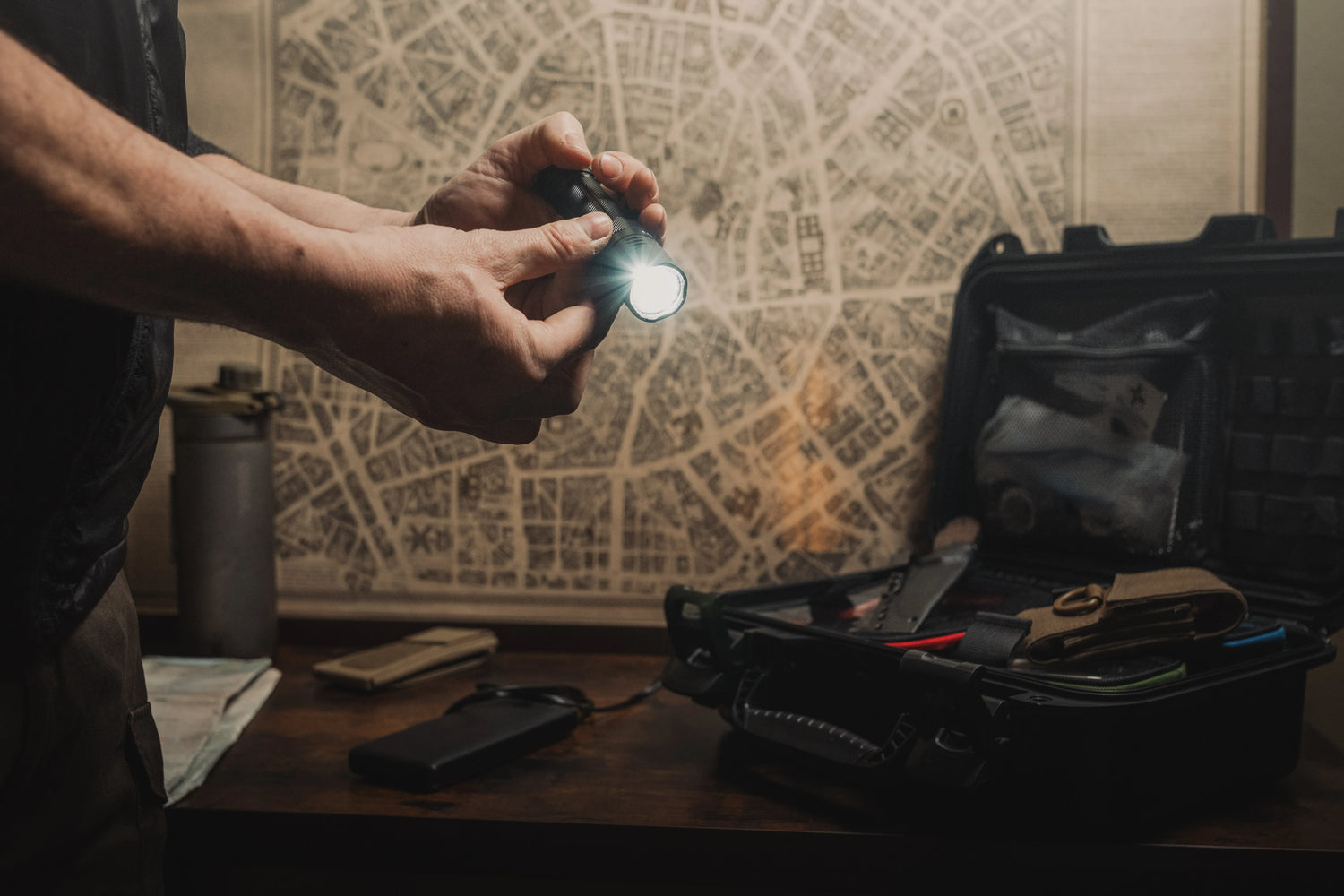 Mann mit Fenix-Taschenlampe liest Karte im dunklen Wald, Rucksack am Boden, Outdoor-Szene