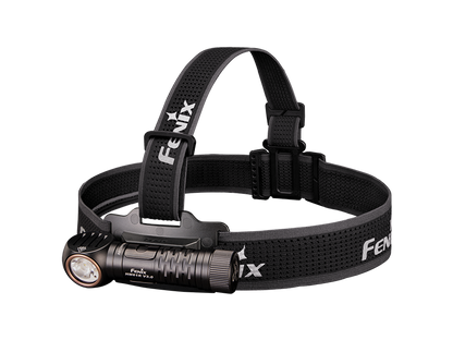 Schwarze LED-Stirnlampe mit elastischem, verstellbarem Kopfband, Nahaufnahme, Outdoor-Accessoire