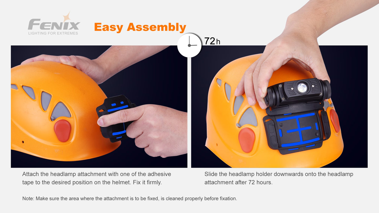 Befestigung einer Stirnlampenhalterung an einem orangefarbenen Schutzhelm, Montageanleitung