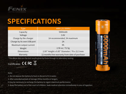 Fenix ARB-L21-5000U – 21700 Li-Ion Akku mit 5000 mAh, inkl. USB C Ladeanschluss