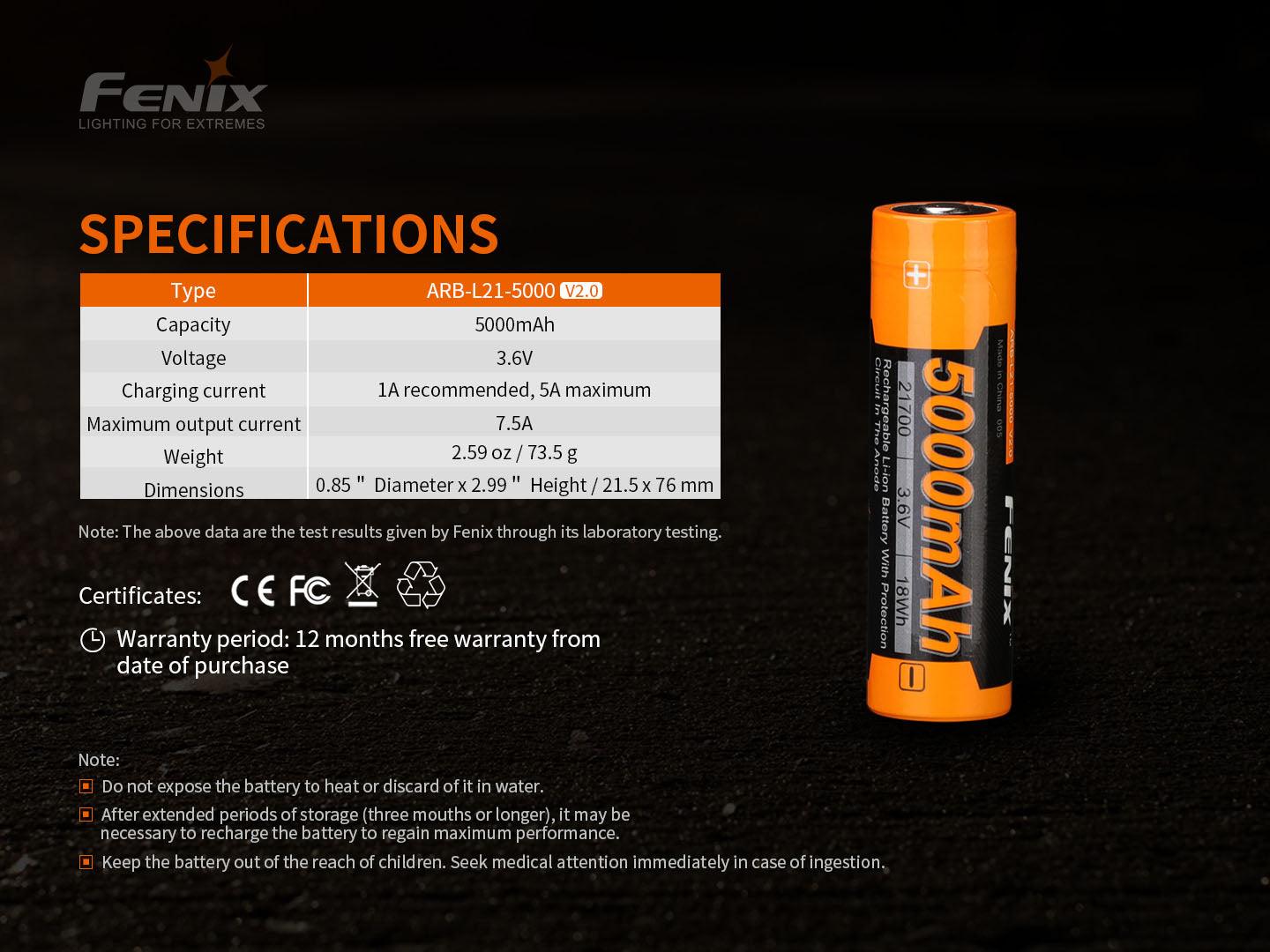 Fenix ARB-L21-5000 V2.0 – 21700 Li-Ion Akku mit 5000 mAh - fenixlight