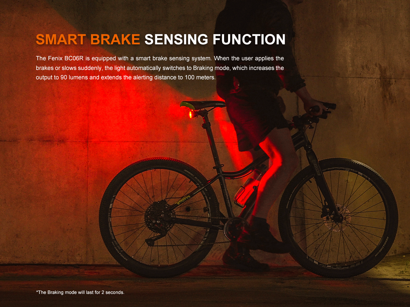 Fenix BC06R Intelligentes Fahrradrücklicht mit Bemssensor, 90 Lumen