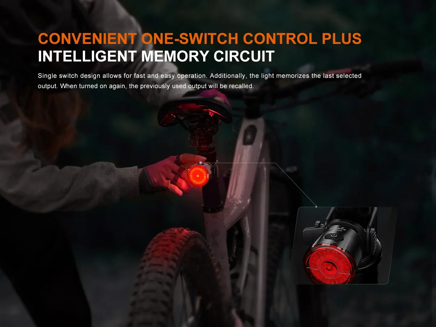 Rotes Fahrradrücklicht mit One-Switch-Steuerung und Speicherfunktion