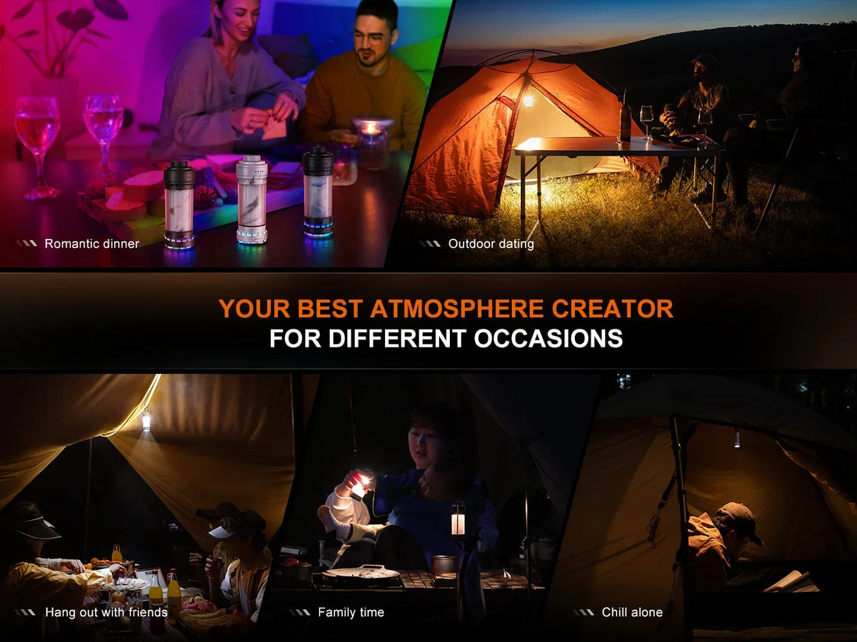 Fenix CL22R Campinglaternen bei romantischem Abendessen, Outdoor-Camping und in Familienrunde.