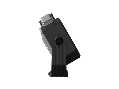 Seitenansicht einer schwarzen und silbernen Kamera mit Stativhalterung vor schwarzem Hintergrund