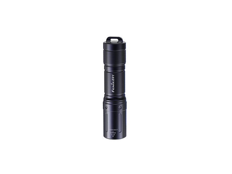 Schwarze LED-Taschenlampe FENIX E01 V2.0, kompakt, robust, Produktfoto auf weißem Hintergrund
