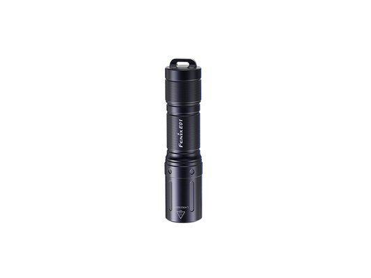 Schwarze LED-Taschenlampe FENIX E01 V2.0, kompakt, robust, Produktfoto auf weißem Hintergrund