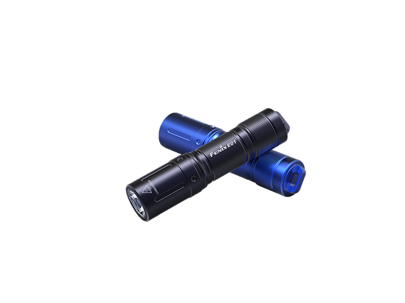 Zwei schwarze LED-Taschenlampen mit blauem Schraubverschluss, modern und kompakt