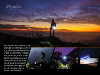 Person mit Taschenlampe auf Hügel bei Sonnenuntergang, Outdoor-Abenteuer, LED-Beleuchtung