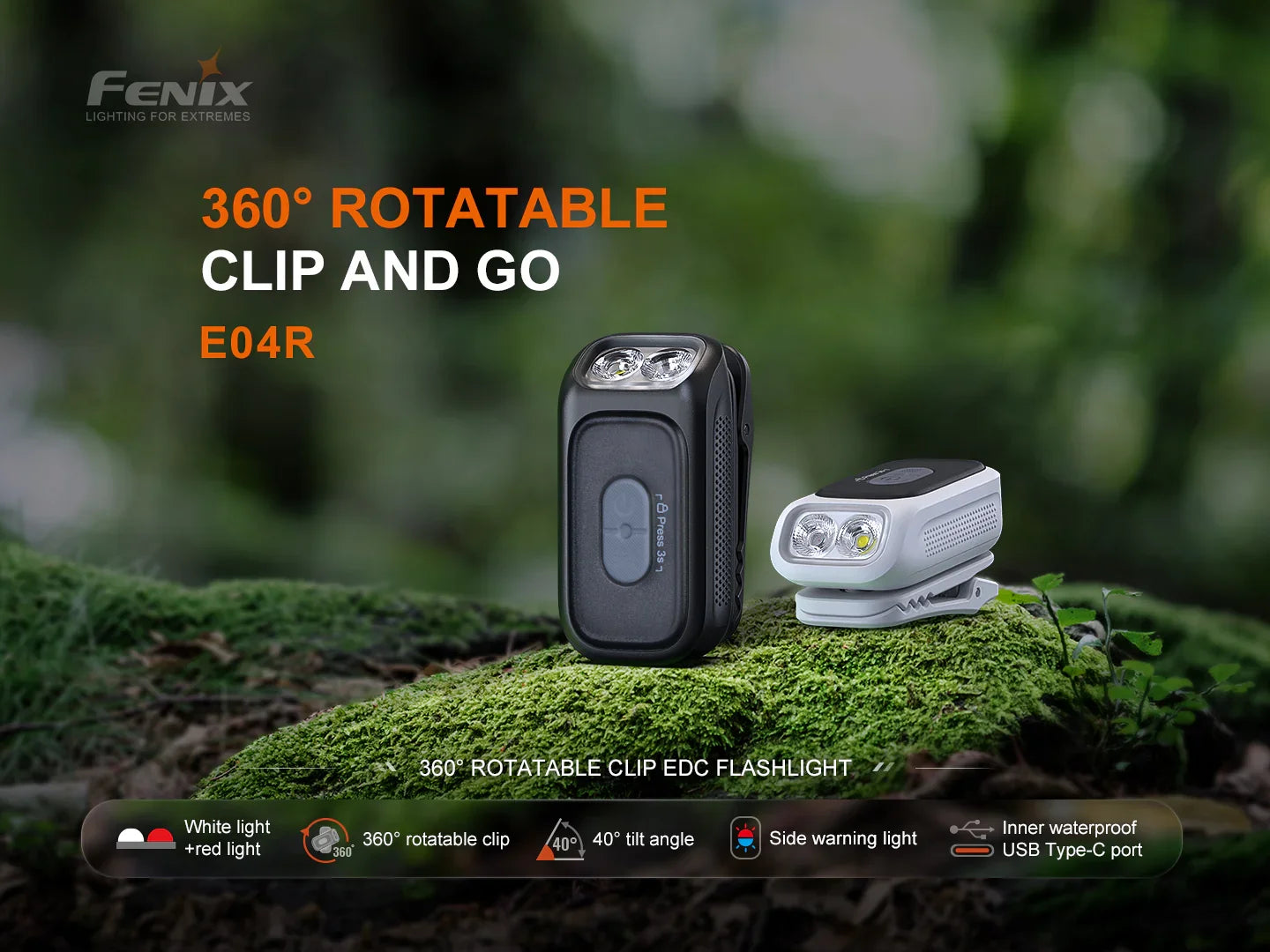 Fenix E04R Minilicht mit 360° drehbarem Clip, 400 Lumen