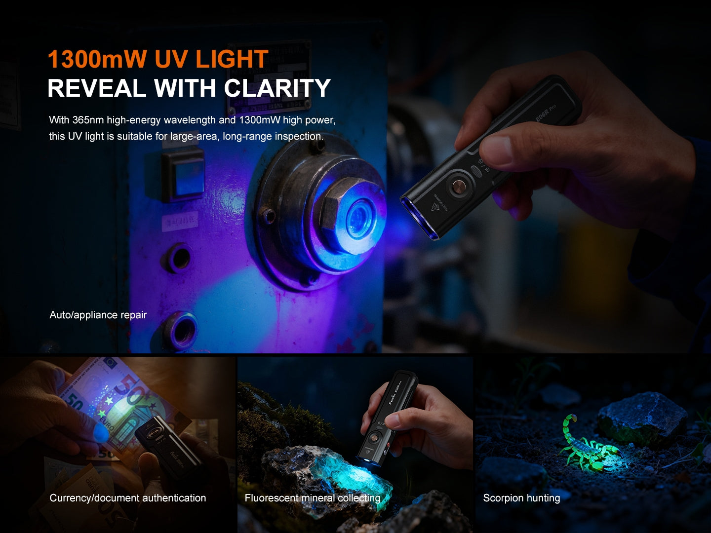 UV-Taschenlampe mit 1300mW Leistung, zeigt Anwendung bei Maschinenreparatur, Geldscheinprüfung, Mineralien- und Skorpion-Detektion.