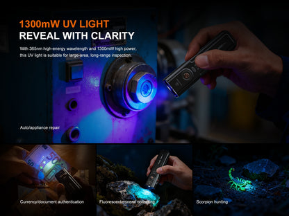 UV-Taschenlampe mit 1300mW Leistung, zeigt Anwendung bei Maschinenreparatur, Geldscheinprüfung, Mineralien- und Skorpion-Detektion.