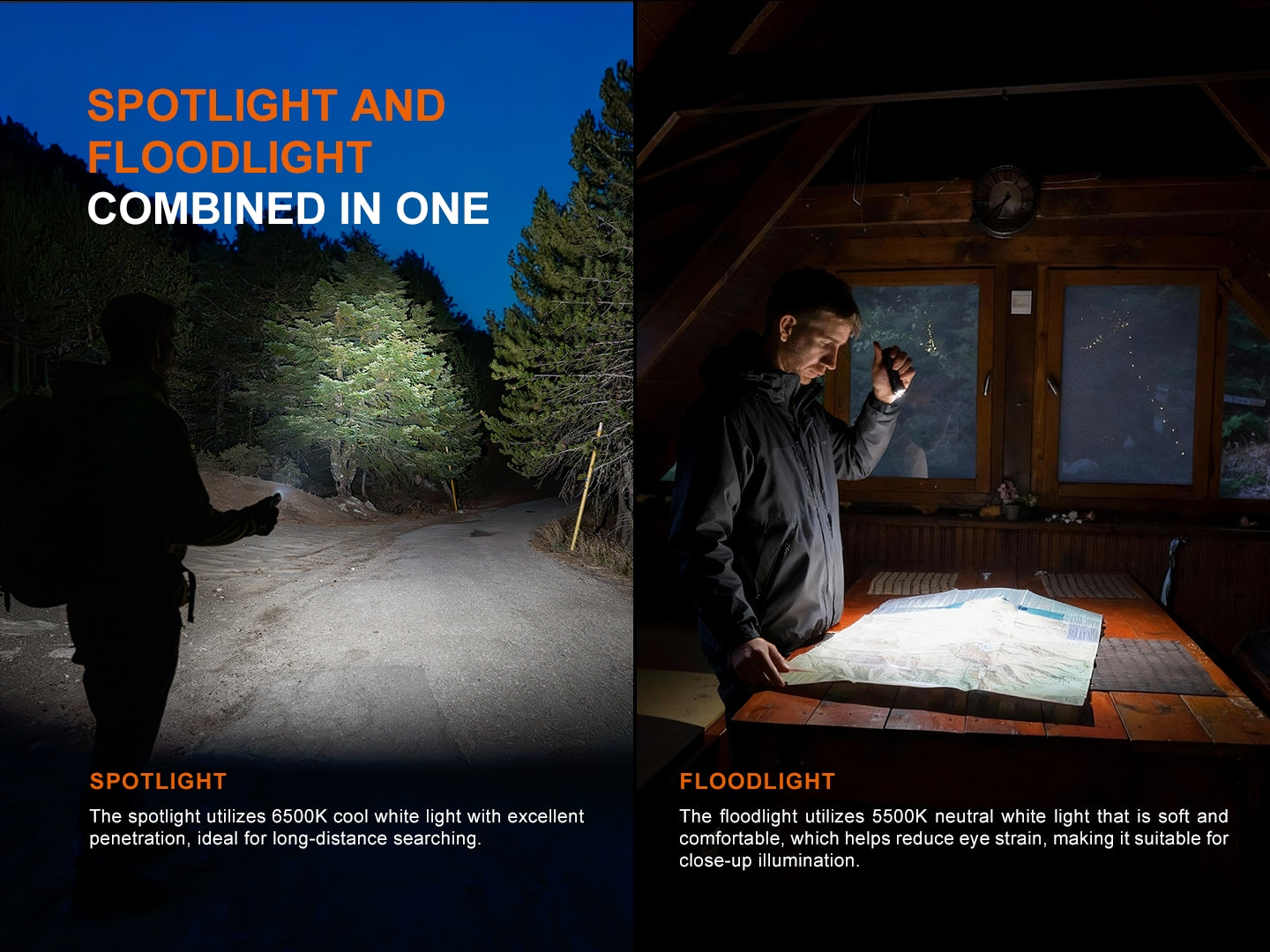 Mann nutzt Taschenlampe draußen im Wald und drinnen zur Kartenbeleuchtung, kombiniert Spotlight und Flutlicht.