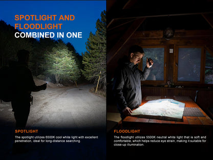Mann nutzt Taschenlampe draußen im Wald und drinnen zur Kartenbeleuchtung, kombiniert Spotlight und Flutlicht.