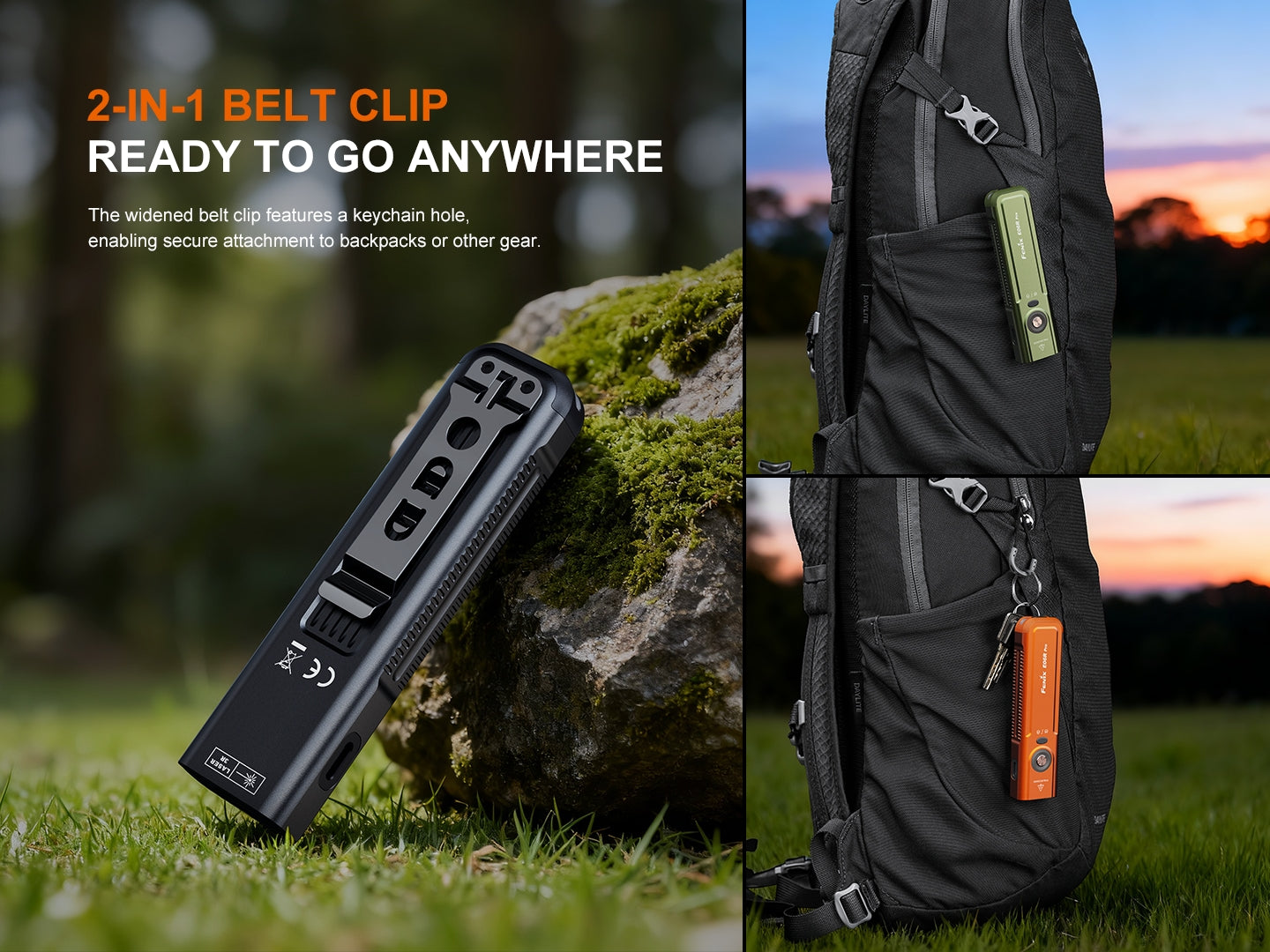 Robuste LED-Taschenlampe mit 2-in-1 Clip an Rucksack, ideal für Outdoor und Camping