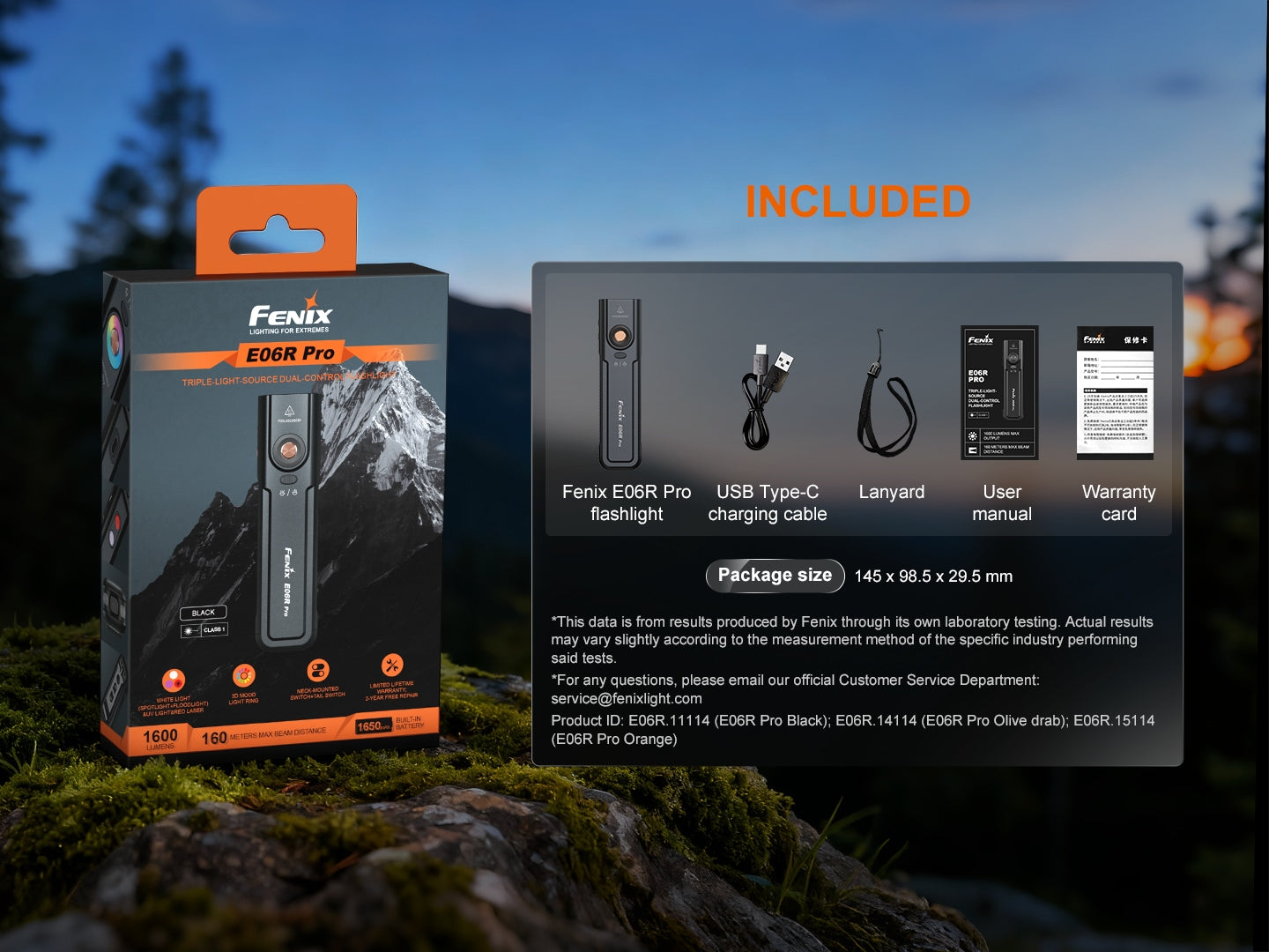 Schwarze E06R Pro LED-Taschenlampe mit Verpackung, USB-C-Kabel, Lanyard, Anleitung und Garantiekarte.