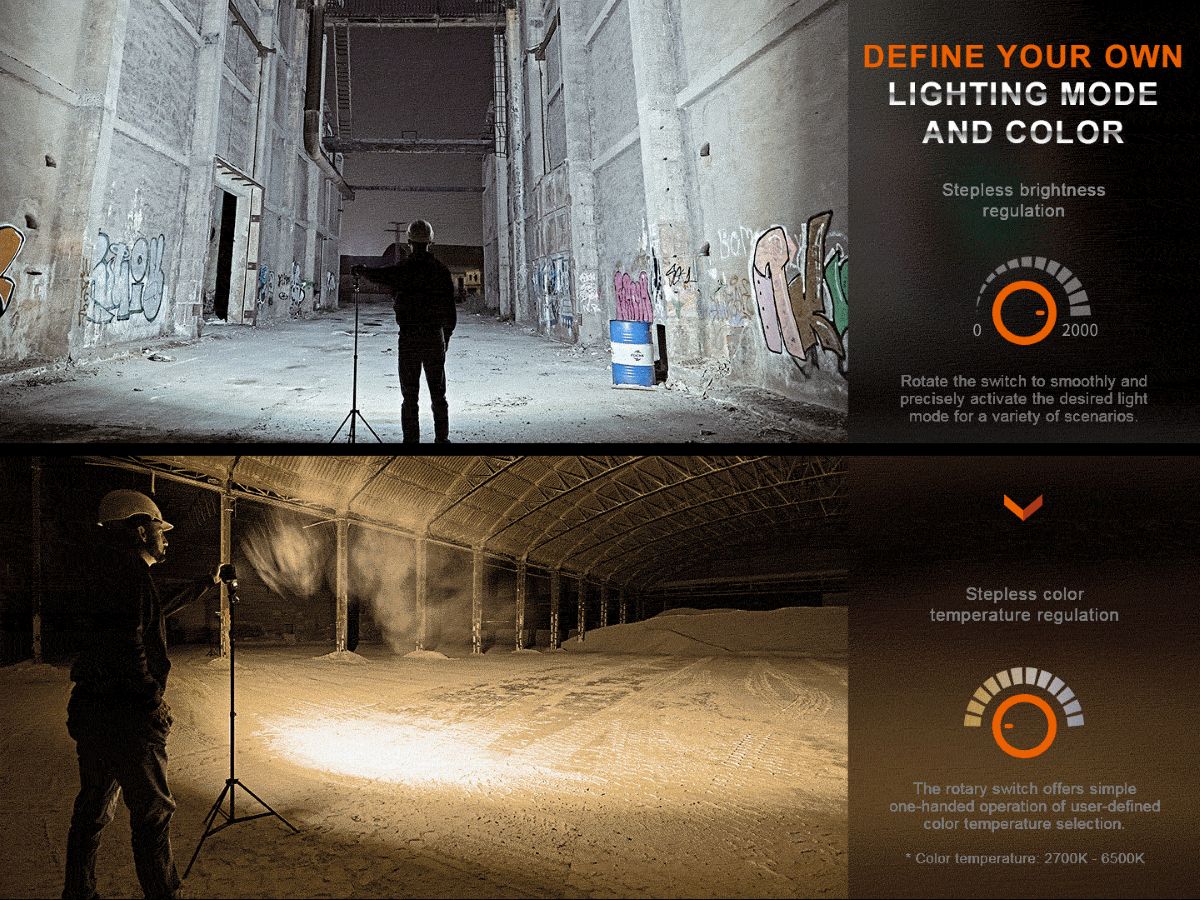 Person mit Helm nutzt verstellbare Arbeitsplatzlampe in verlassenem Industriegebäude bei Tag- und Nachtbeleuchtung