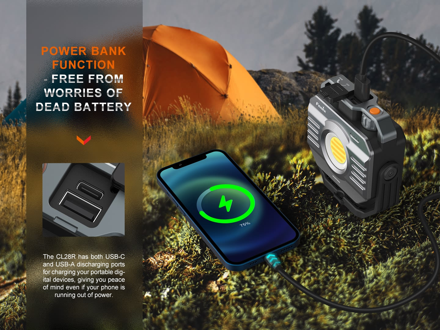 Fenix CL28R Outdoor LED-Lampe mit Powerbank-Funktion lädt Smartphone neben orangefarbenem Zelt im Wald