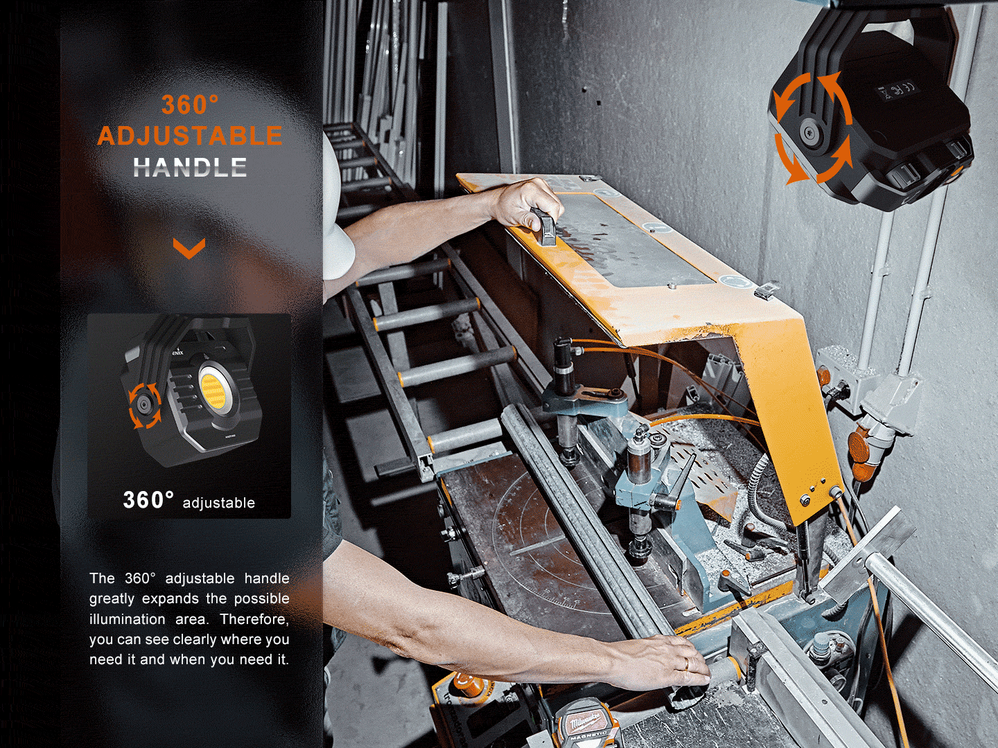 Handwerker nutzt gelbe Sägemaschine mit einstellbarem 360° Handgriff und Fenix CL28R Arbeitsleuchte