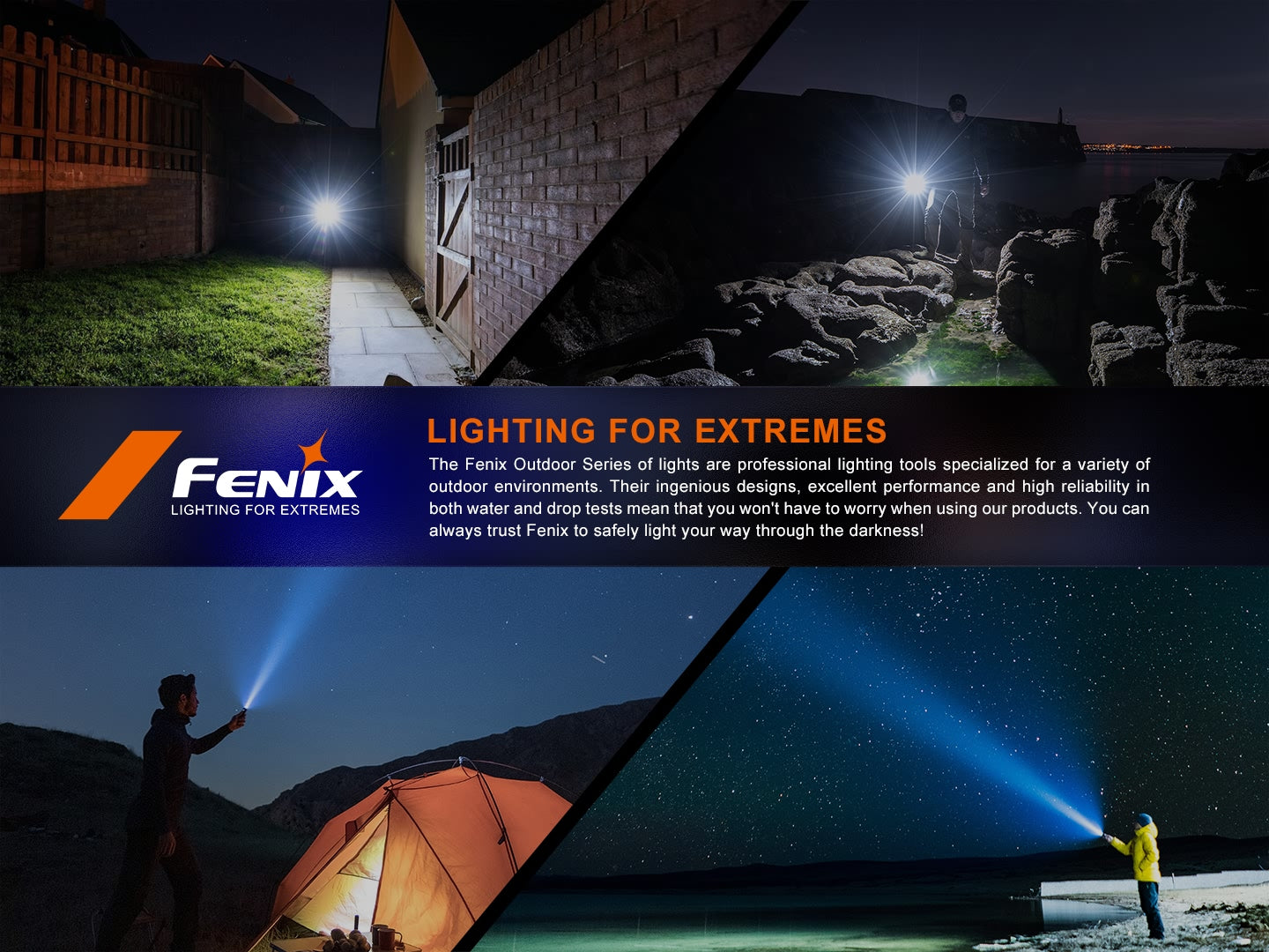 Fenix Outdoor Taschenlampen im Einsatz bei Nacht im Garten, am Felsen, beim Camping und unter Sternenhimmel