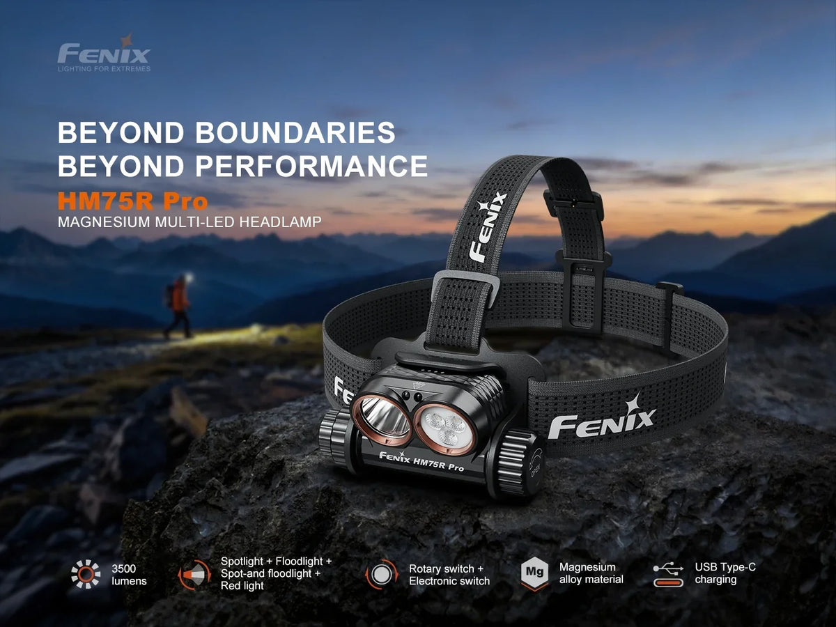 Fenix HM75R Pro Magnesium-LED-Stirnlampe mit 3500 Lumen vor einer Berglandschaft
