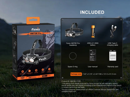 Fenix HM75R Pro Profi Stirnlampe mit Zubehör, Akku und Ladekabel im Lieferumfang.