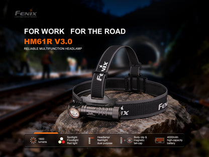 Schwarze Stirnlampe HM61R V3.0 mit elastischem Band auf Felsen, im Bahntunnel bei Nacht, helle LED-Leuchte, ideal für Arbeit und Outdoor.